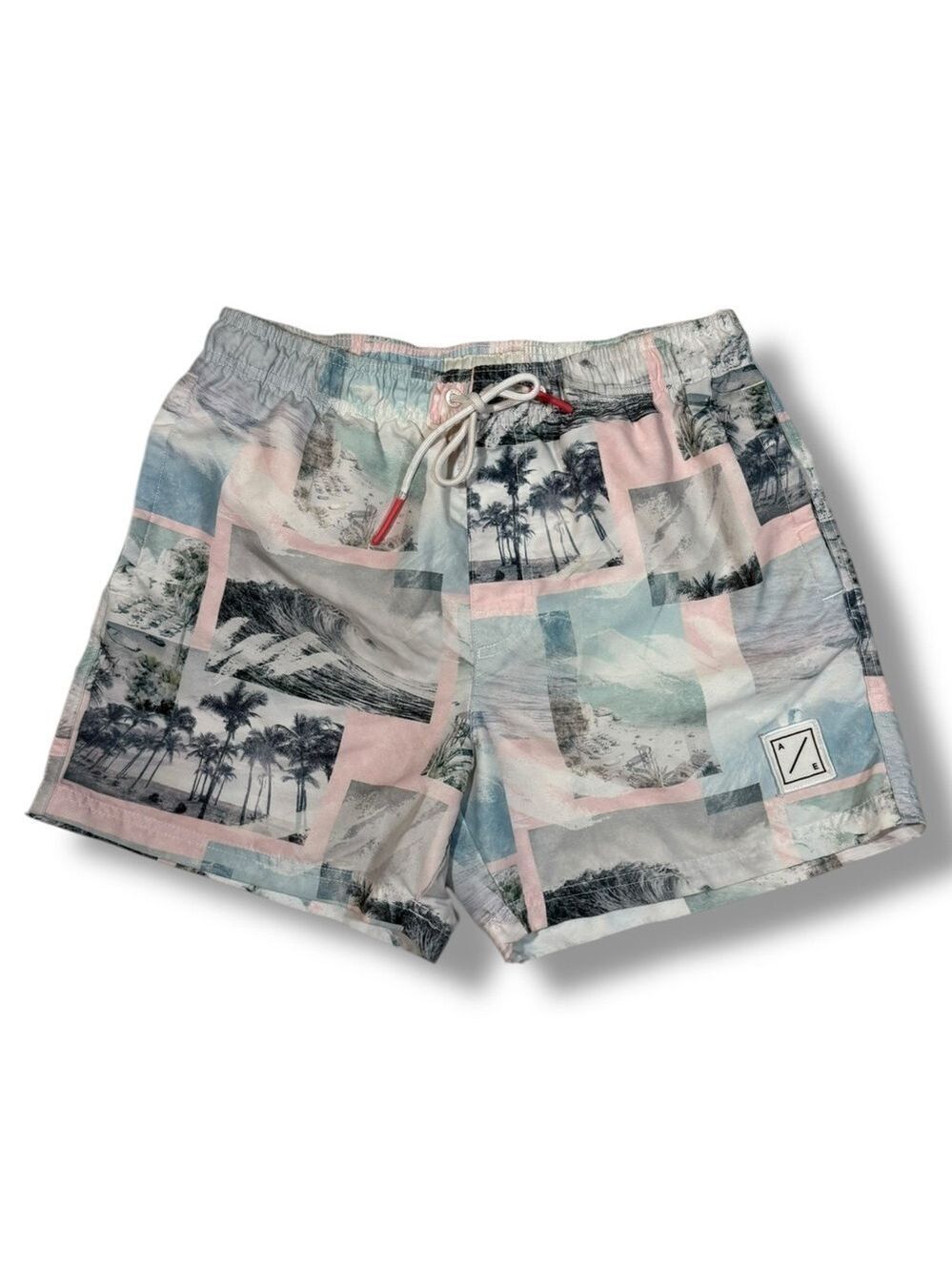 American Eagle Men's Swim Shorts Palm Tree Pink Blue Size Small
